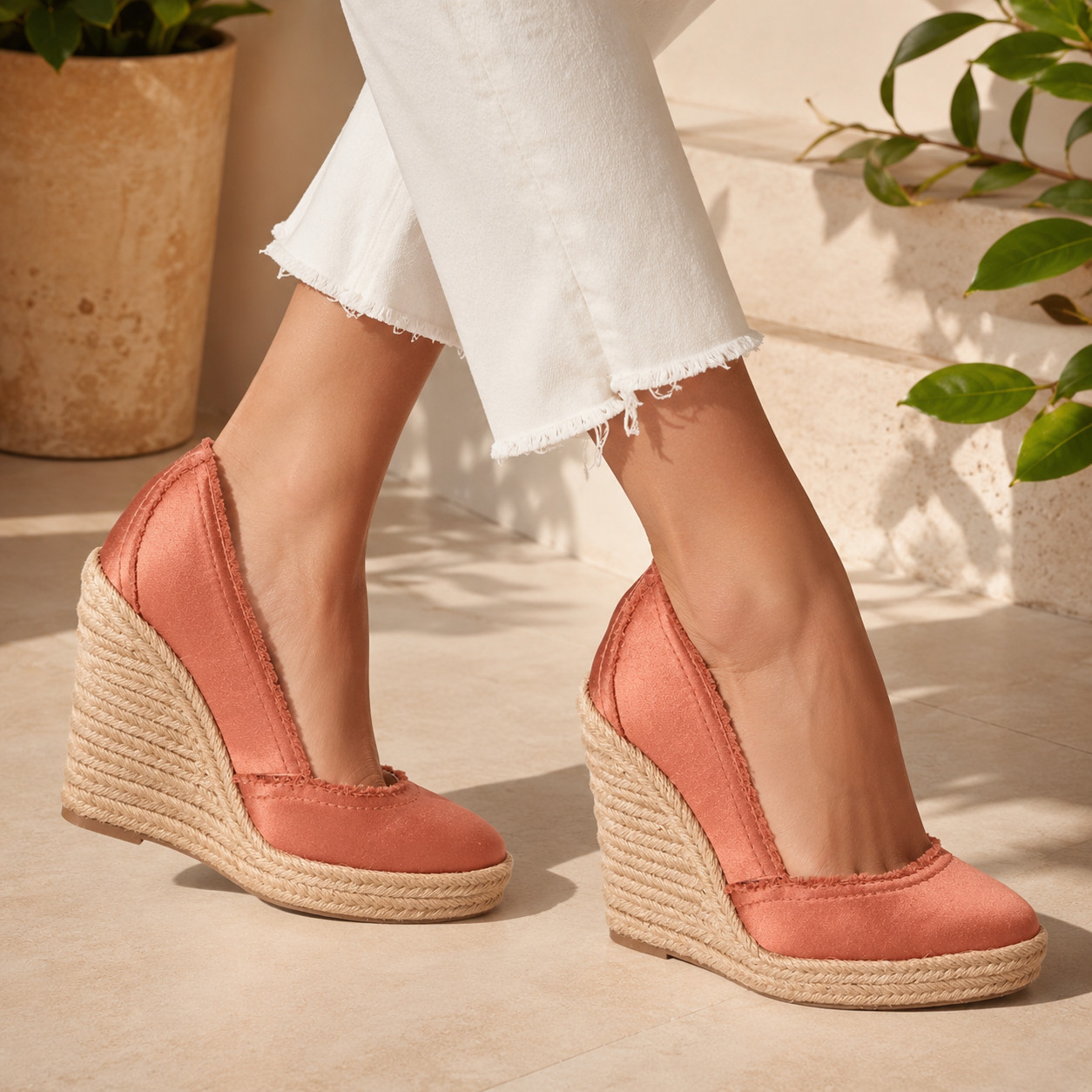 Pedro Garcia Heels 6 Womens Brown Textile Espadrille Wedge Almond Toe Mid Solid