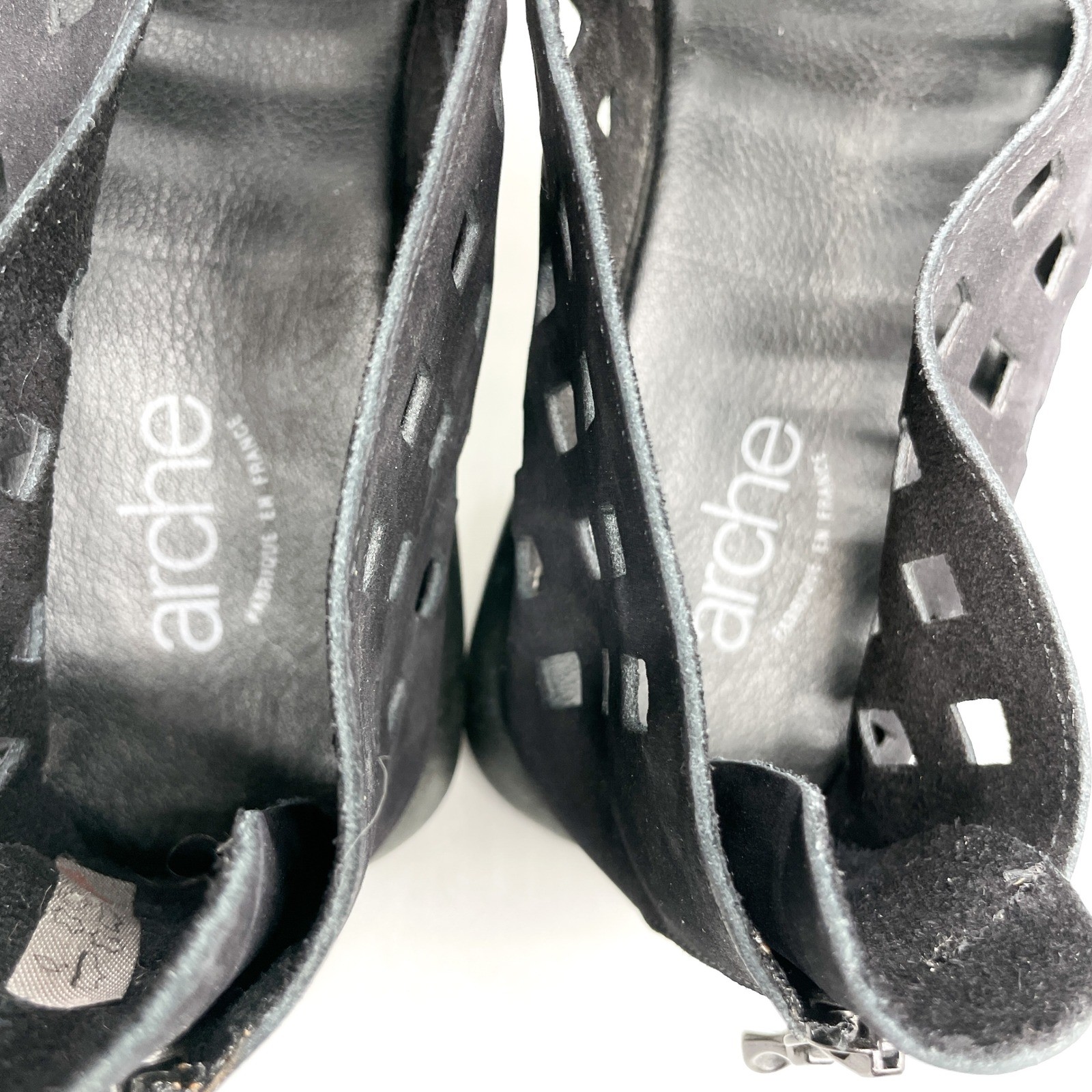 Arche Drick Womens 40 Black Nubuck Leather Perforated Laser Cut Sandas Zip Wedge