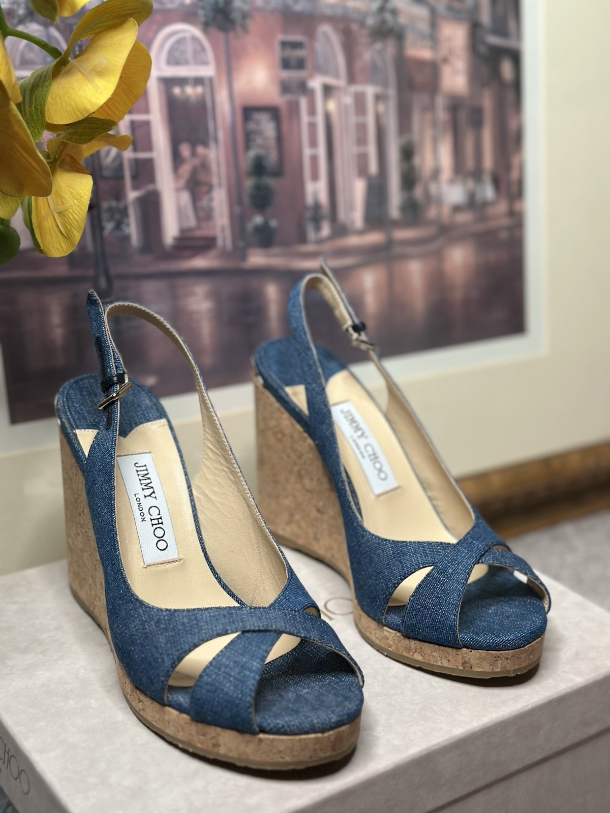 Jimmy Choo Denim Wedge Slingback Sandals Blue EU 38 US 8 | NIB