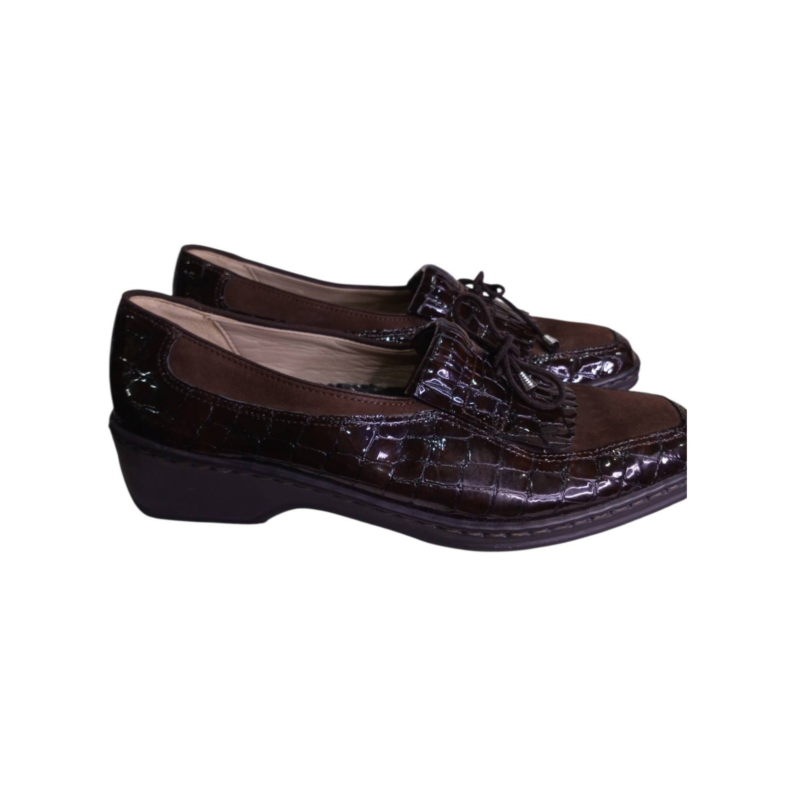 Ara Womens Brown Croc Embossed Patent Leather Suede Tassel Kiltie Loafers