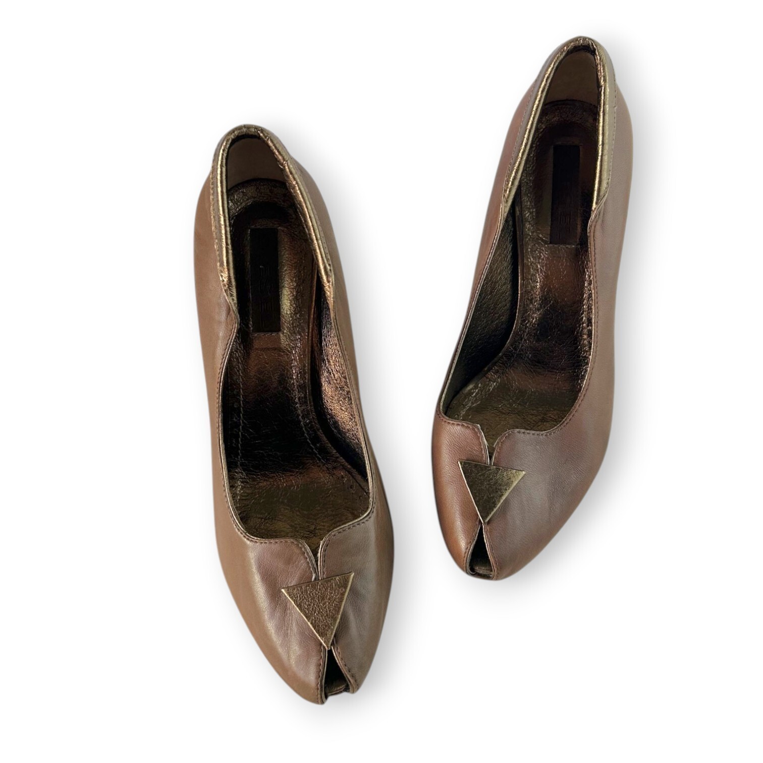 Vintage Y2K Diesel Brown Leather Peep Toe Heels Bronze Trim