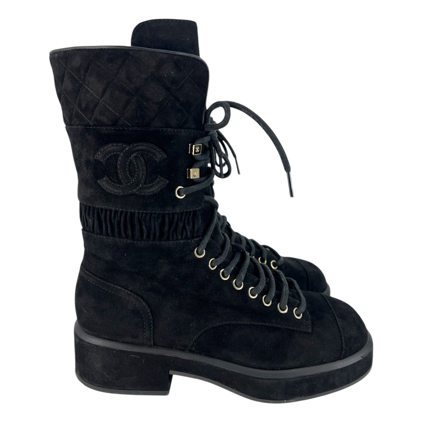 Chanel CC Suede Quilted Lace Up Combat Cap Toe Boots in Black Size 37.5