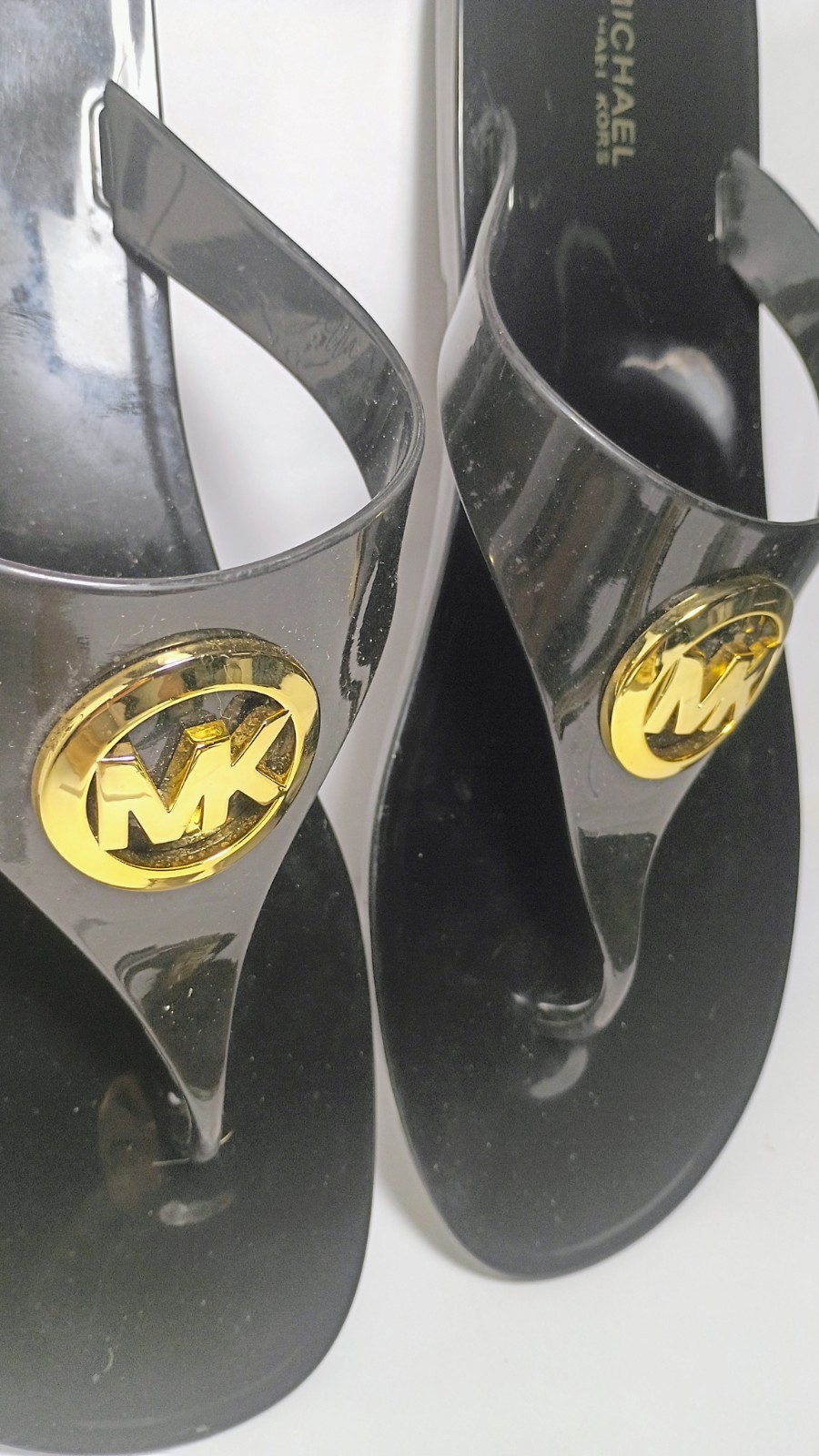 MICHAEL KORS Women Sz 10 M Lillie Jelly Flats Sandals Black/Gold MK Logo ✅ Clean