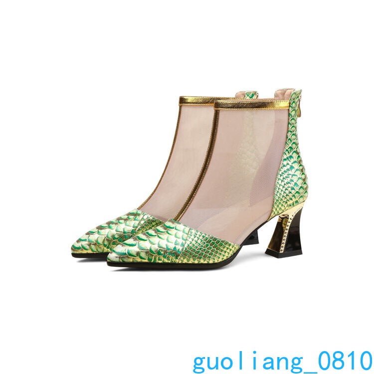 Snakeskin Women’s Mesh Leather Ankle Boots Pointed Toe Shoes Zip Block Heel Sexy