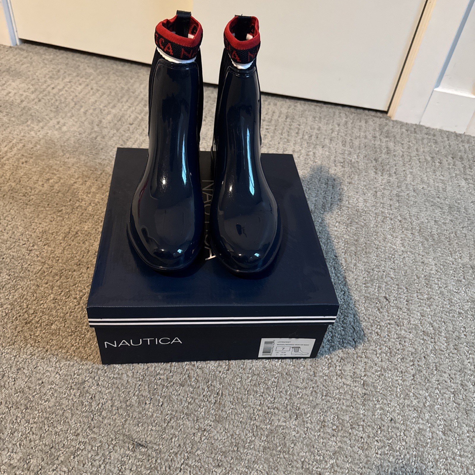 Nautica Womens (Size 7) Navy Blue Rubber Rain Boots Ankle Chelsea