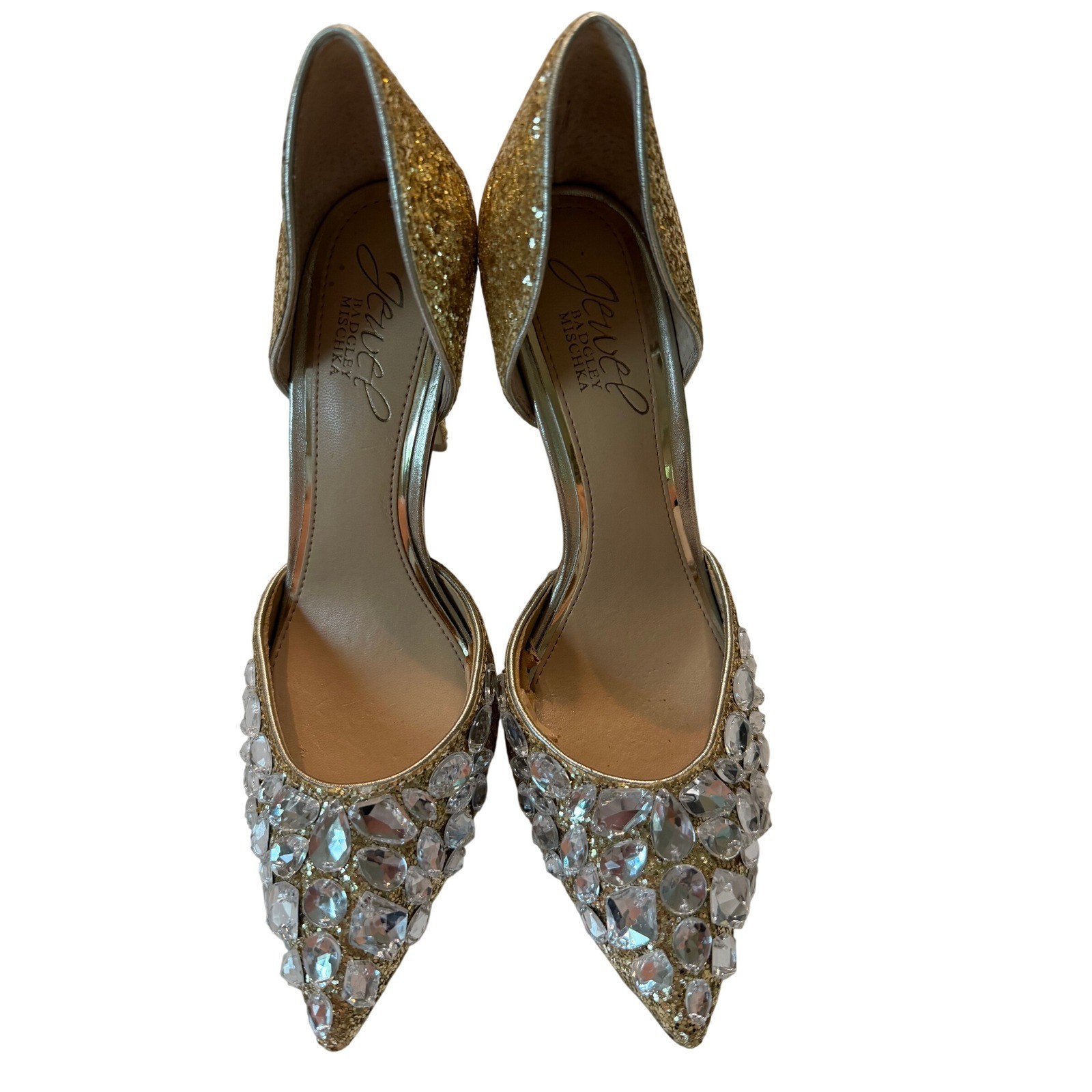 Jewel Badgley Mischka Gold Glitter Crystal Embellished d’Orsay Pumps Heels Size5