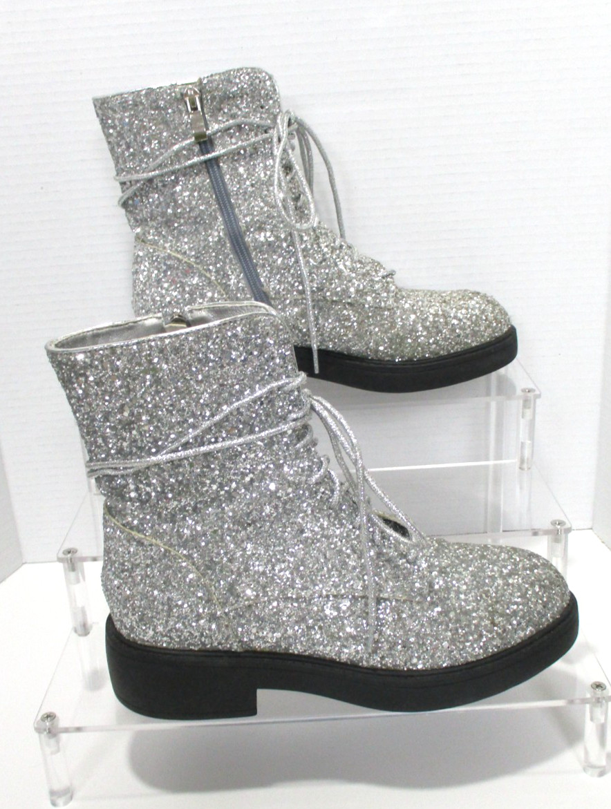 Fashion Glitter Combat Boots Womens 7 Silver Lace Up Zipper Boots Shoes READ