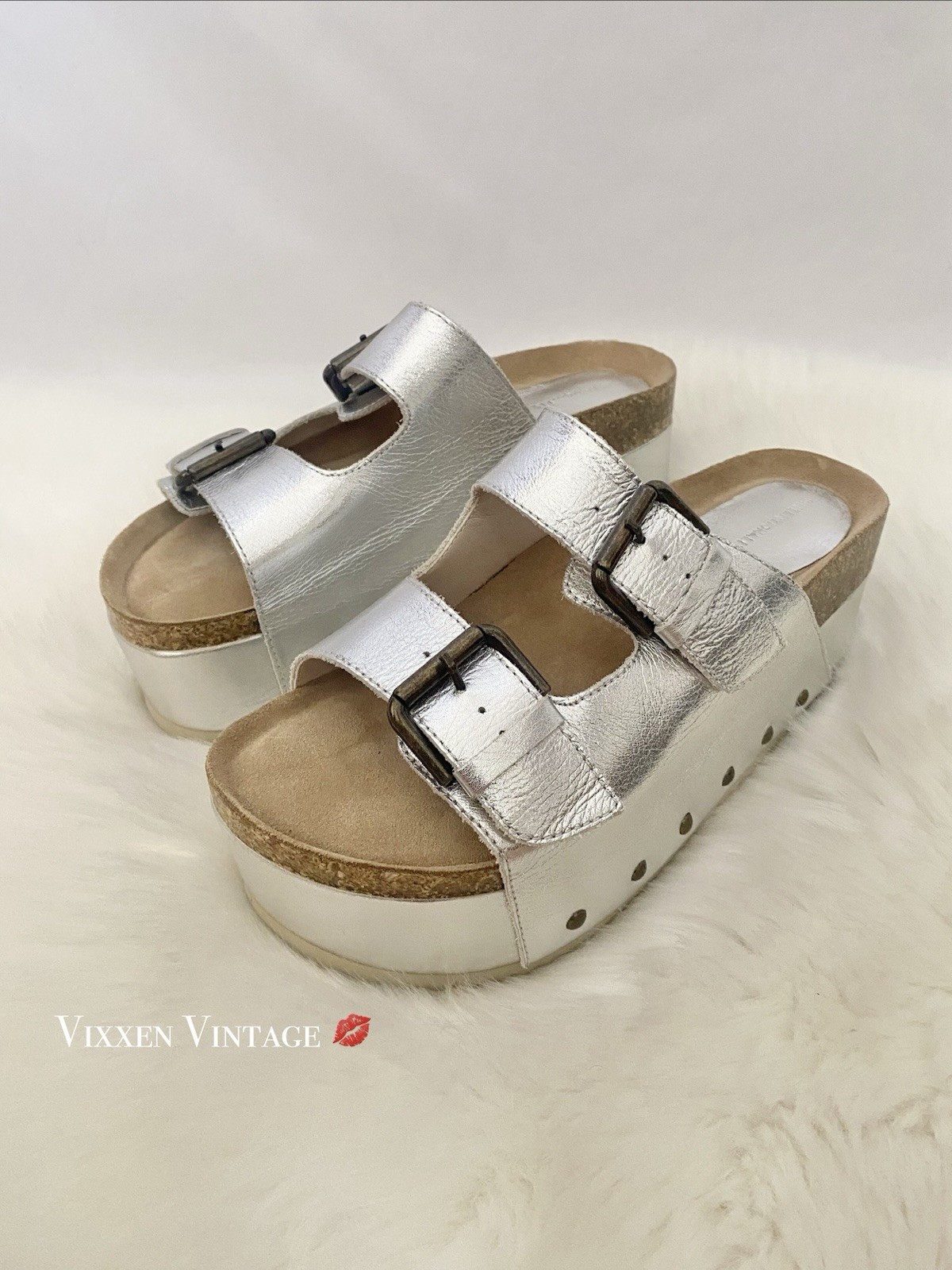 FREE PEOPLE X INTENTIONALLY BLANK ‘RULE BREAKER FLATFORM SANDALS’ IN SILVER $210