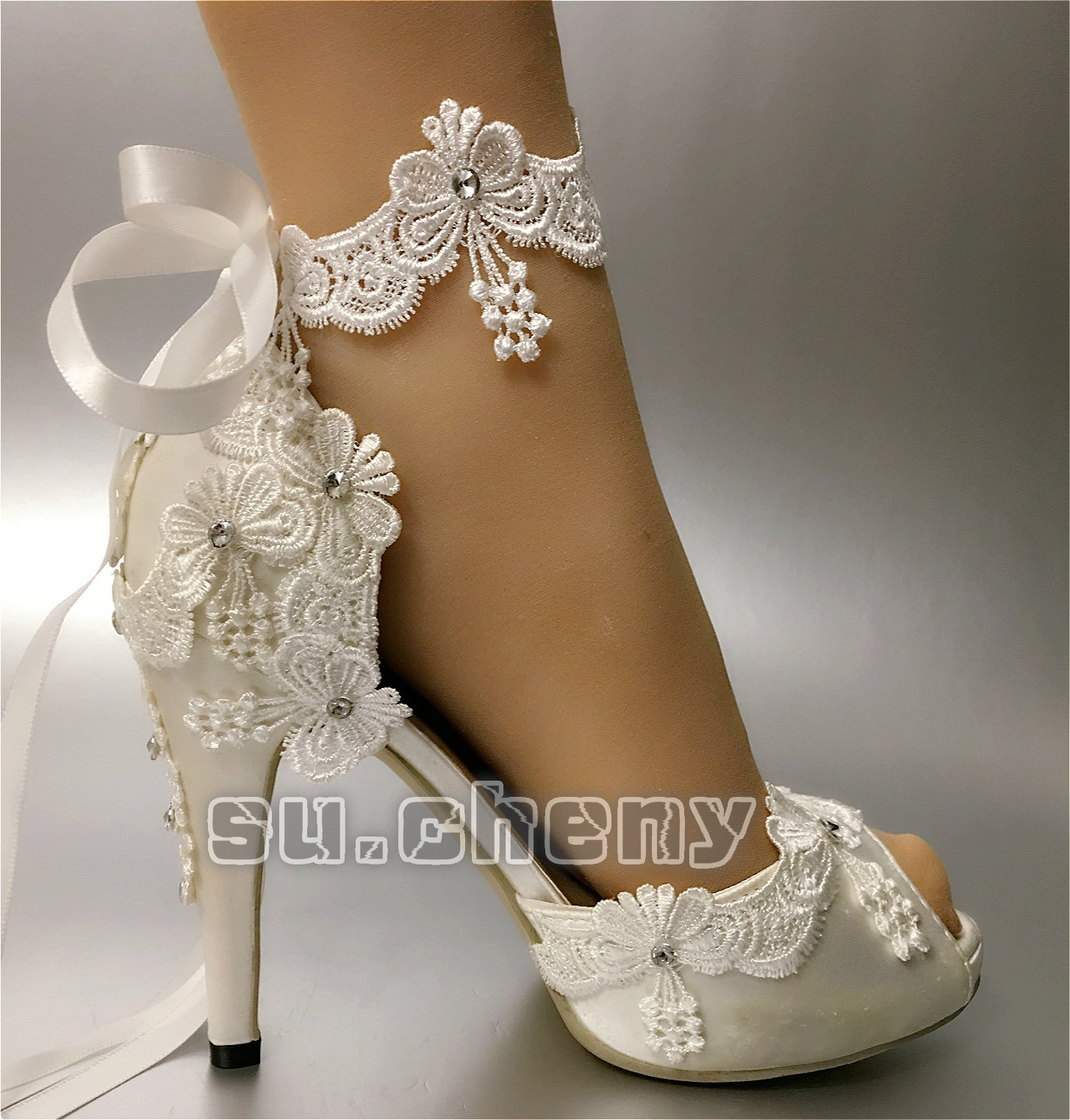 su.cheny Ribbon anklet white ivory satin open toe heel Wedding Bridal shoes size