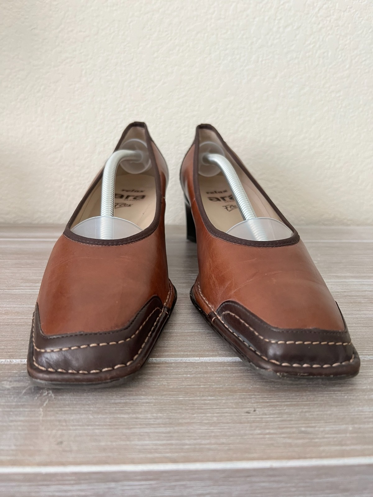 Ara Germany Relax Flex Leather Pumps Brown Square Toe Block Heel UK 5.5 G US 8