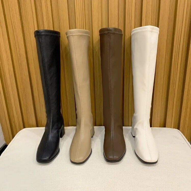 Soft Leather Shoes Women’s Block High Heels Long Boots Warm Knee High Zip Boots