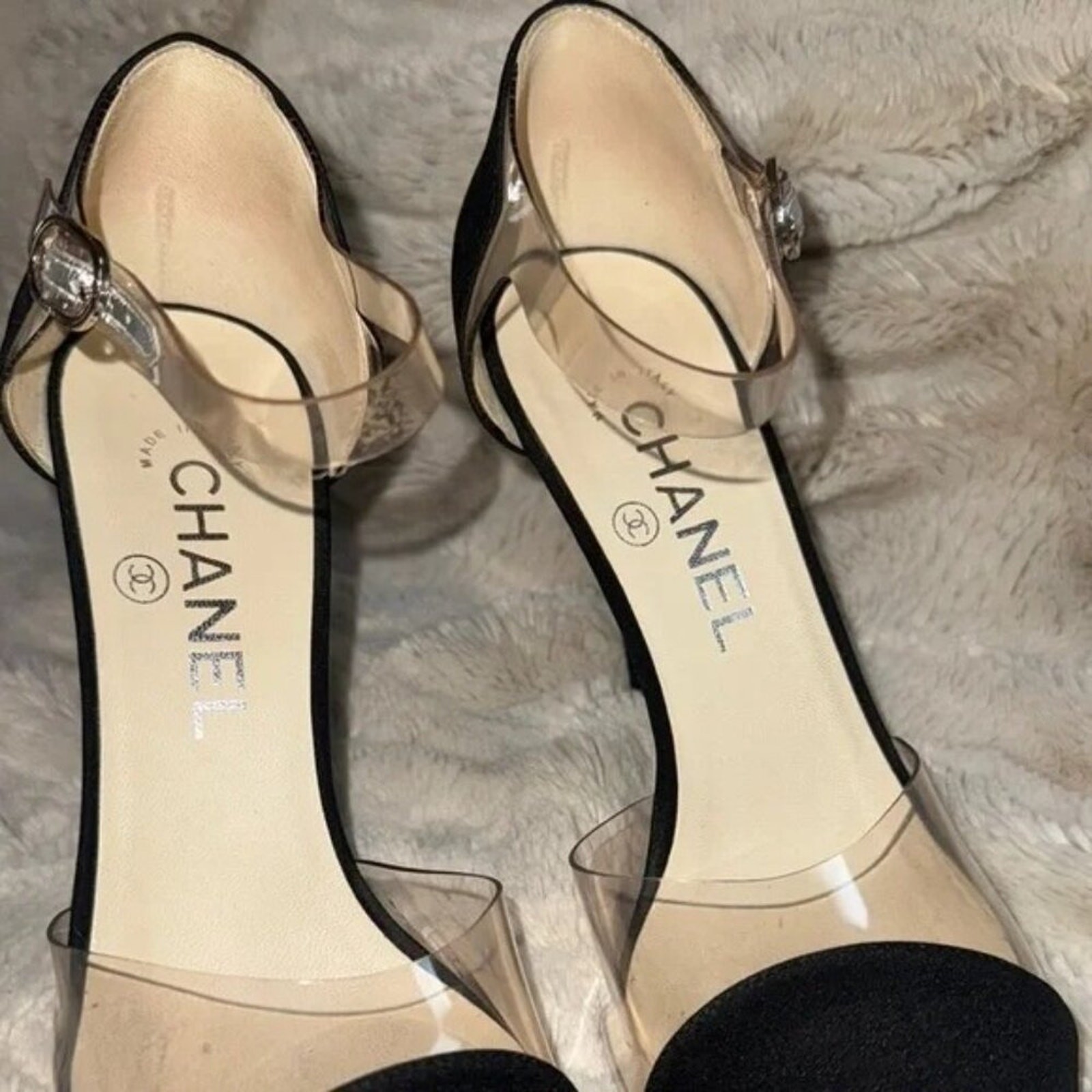 CHANEL Black & Transparent Ankle Strap Heels Size 37.5/ US 7 Made In Italy