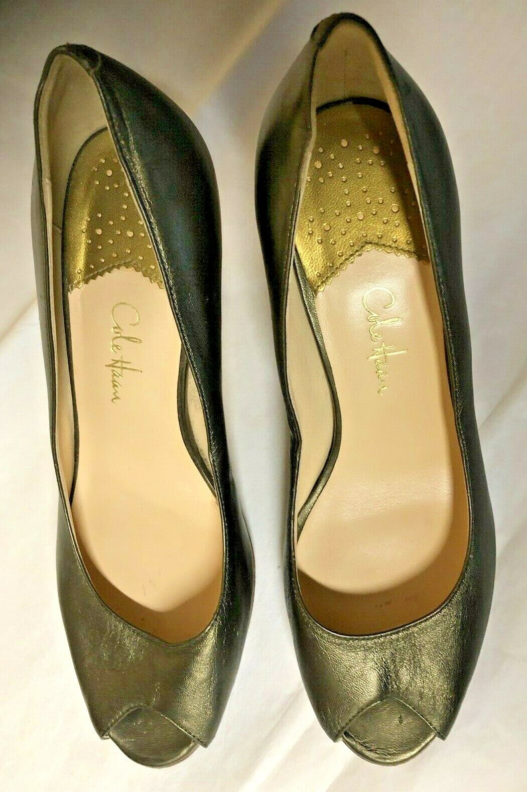COLE HAAN Air Bronze/Green Metallic Leather Peep Toe 3” Heel Pumps Sz 7.5 B