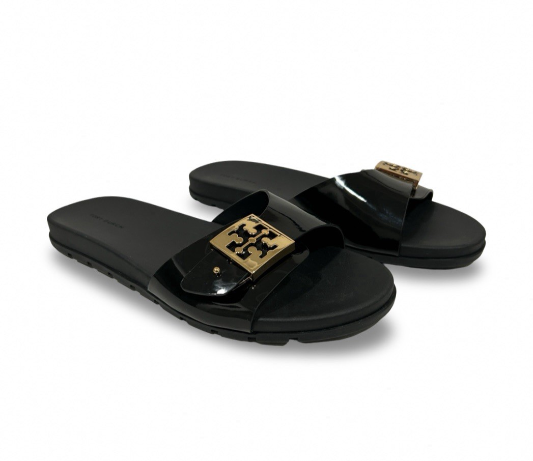 Tory Burch Mellow Sandals Womens Size 10 Black Glossy Polyurethane Slide Flats