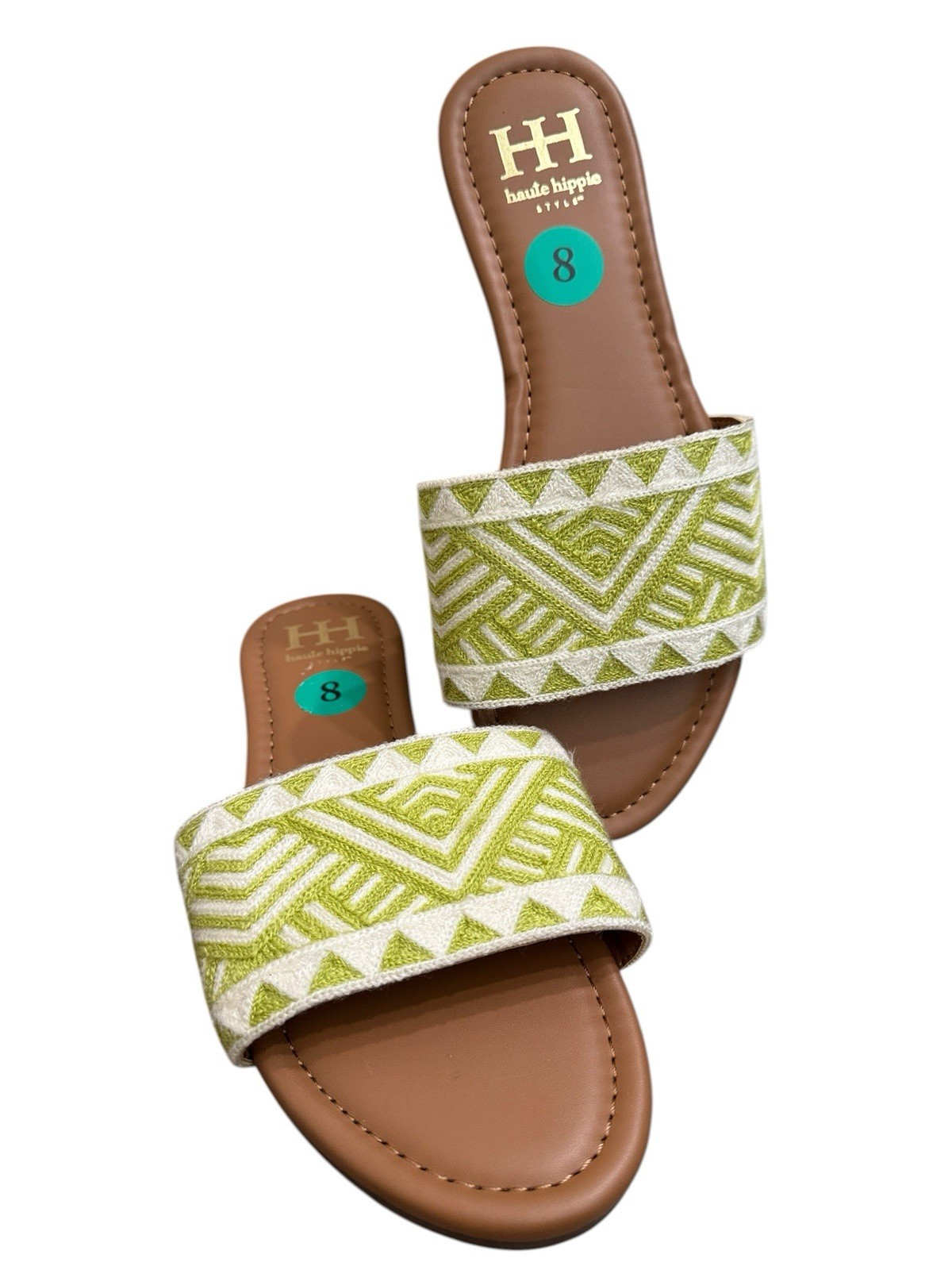 Haute Hippie Women’s Slide Sandals Size 8 Green Embroidered Boho Flat Slip On