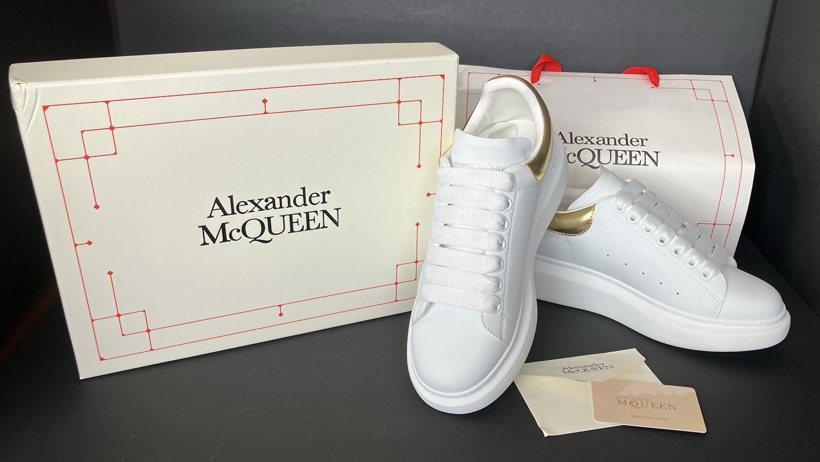 Alexander McQueen – White/Gold Low Top Oversized Sneakers – 40 Women’s Size 10