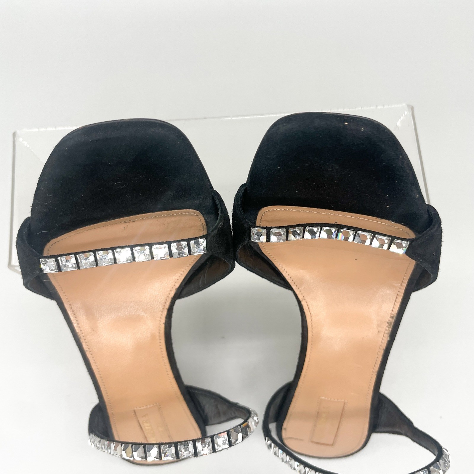 Aquazzura Diamante 75 Black Suede Crystal Sandals Mules Womens 37.5 Wedding Glam