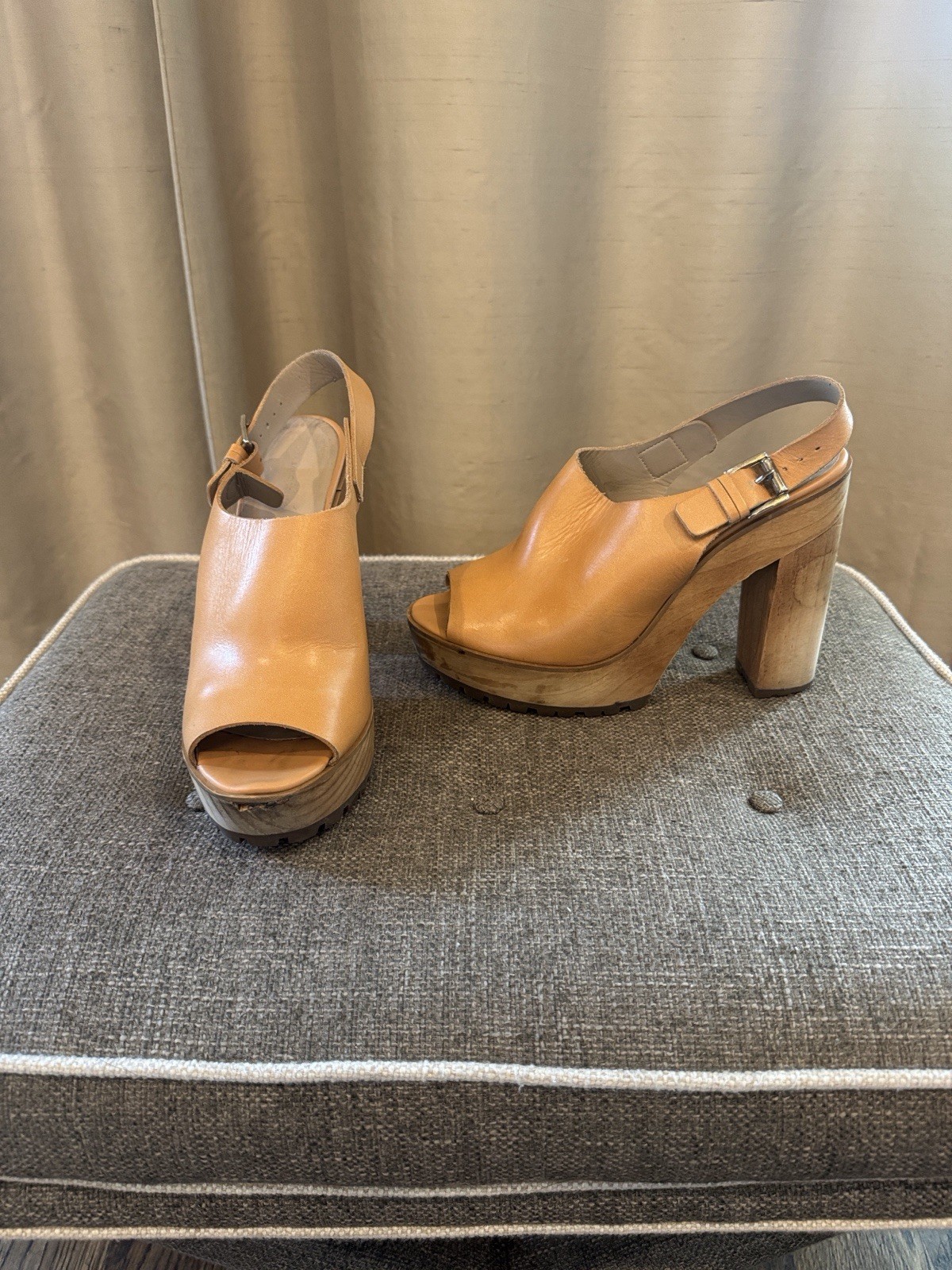 Zara Womens Tan Leather Platform Open Toe Ankle Strap Buckle Sandals 10.5
