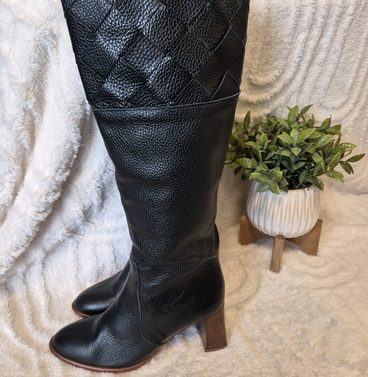 Anthropologie Angel Alarcon Riding Boots Black Woven Leather Cuero Heeled Sz 6.5