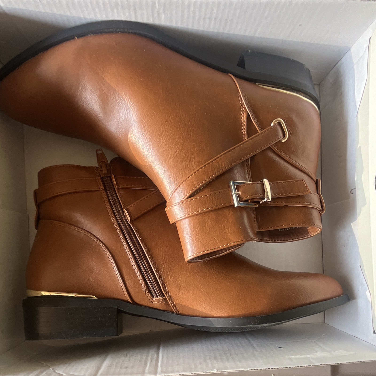 Comfort Women’s Brown Faux Leather Ankle Booties Side Zip Buckle Strap 8