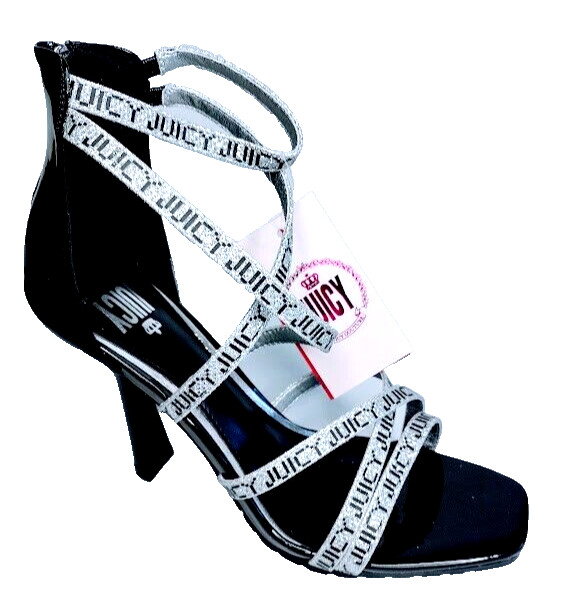 JUICY COUTURE Size 11 Shiny Glitter Silver Black Stiletto Party Heel Sandals NEW