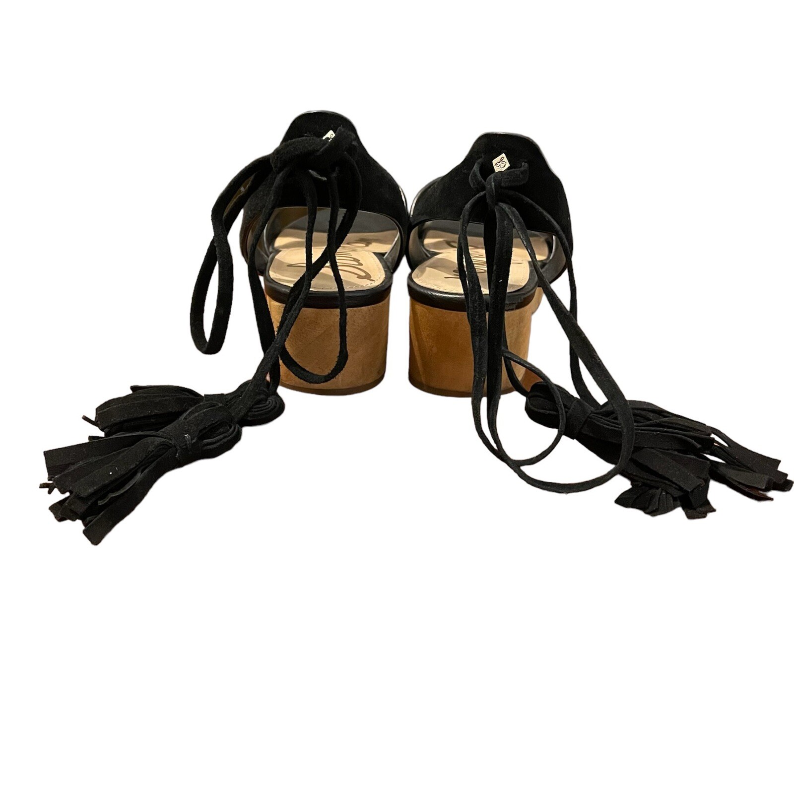 Sam Edelman 7 Jenna Sandals Black Ankle Straps Wooden Heel Platform Suede Boho