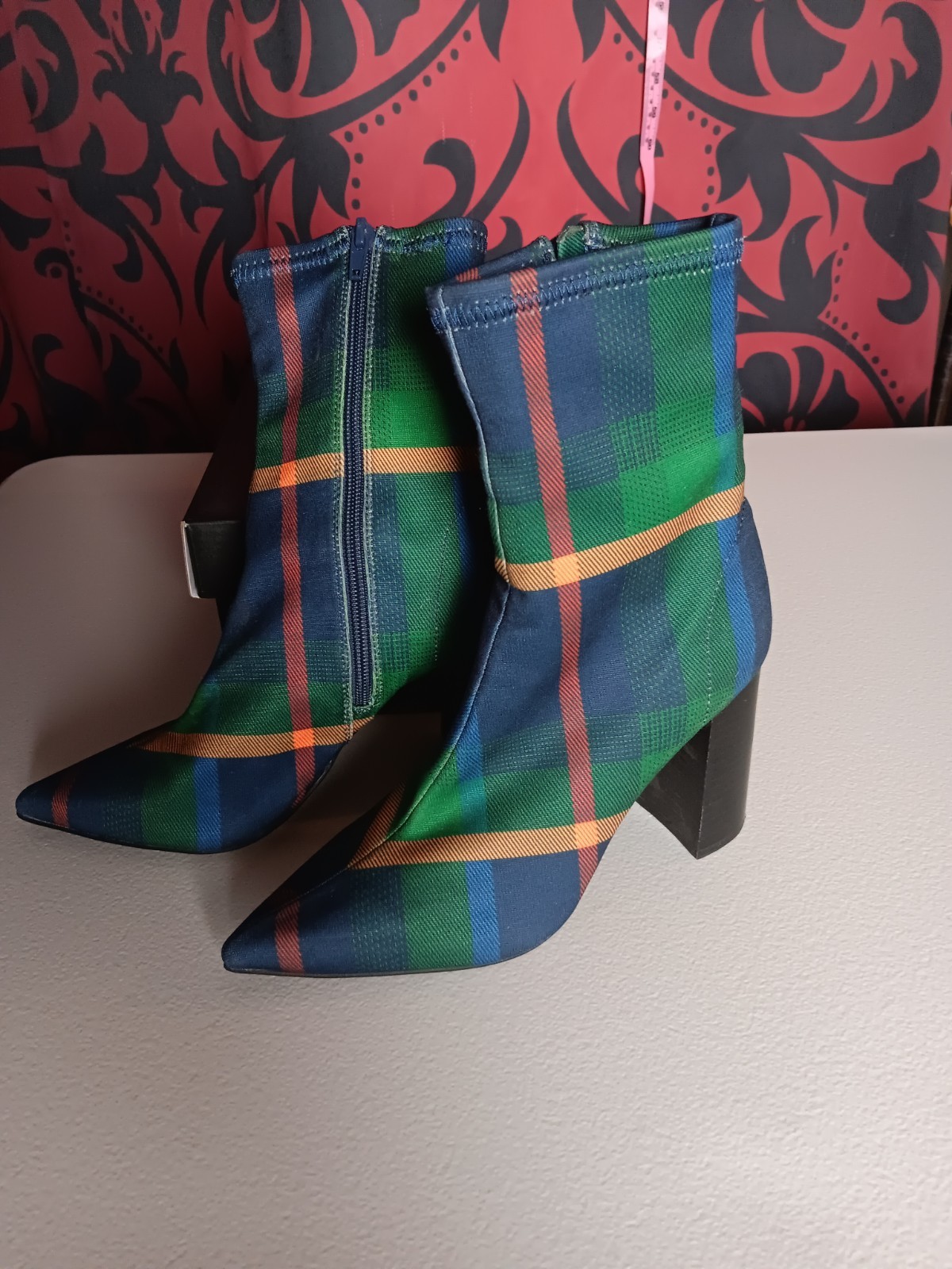 vintage jeffrey campbell Green Plaid Boots Heels 7M Heels Y2k 90s Bohemian Goth