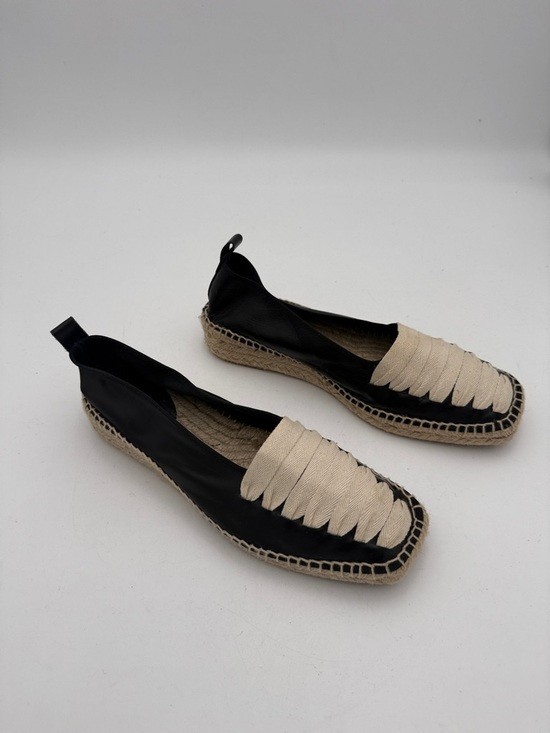 Mango Black Cream Espadrille Loafers women 7.5 leather canvas slip on vacation