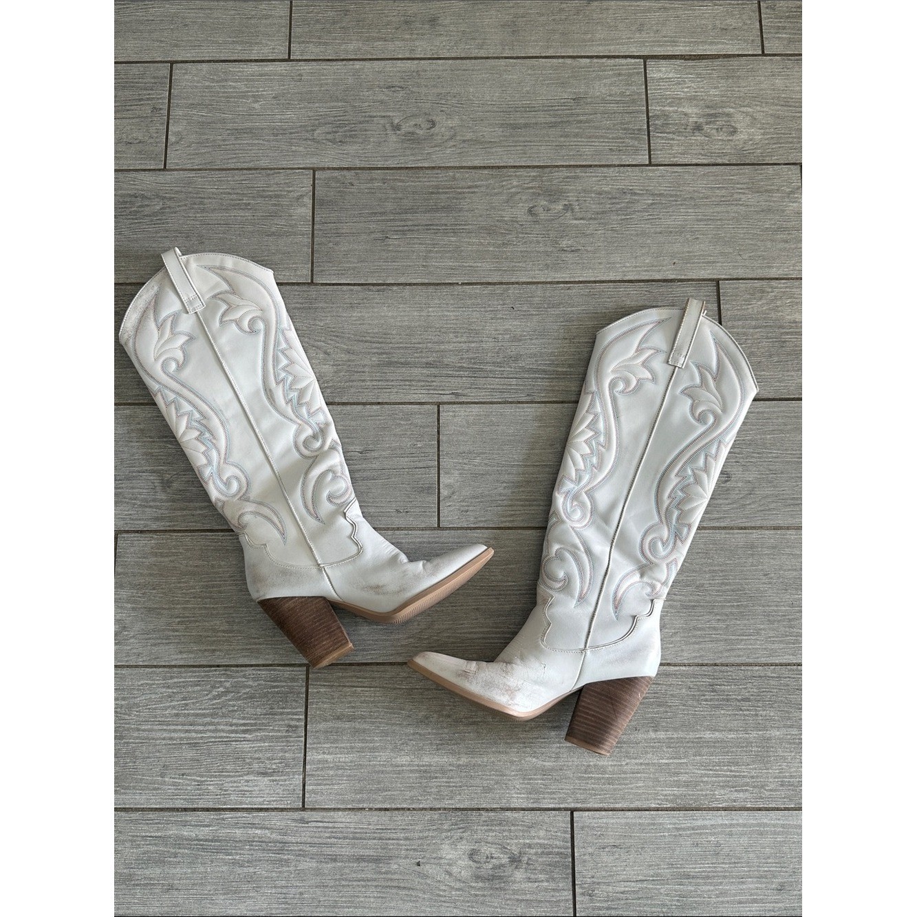 Steve Madden Women’s Leather Lashes Western Boots Distressed White Size 8.5M