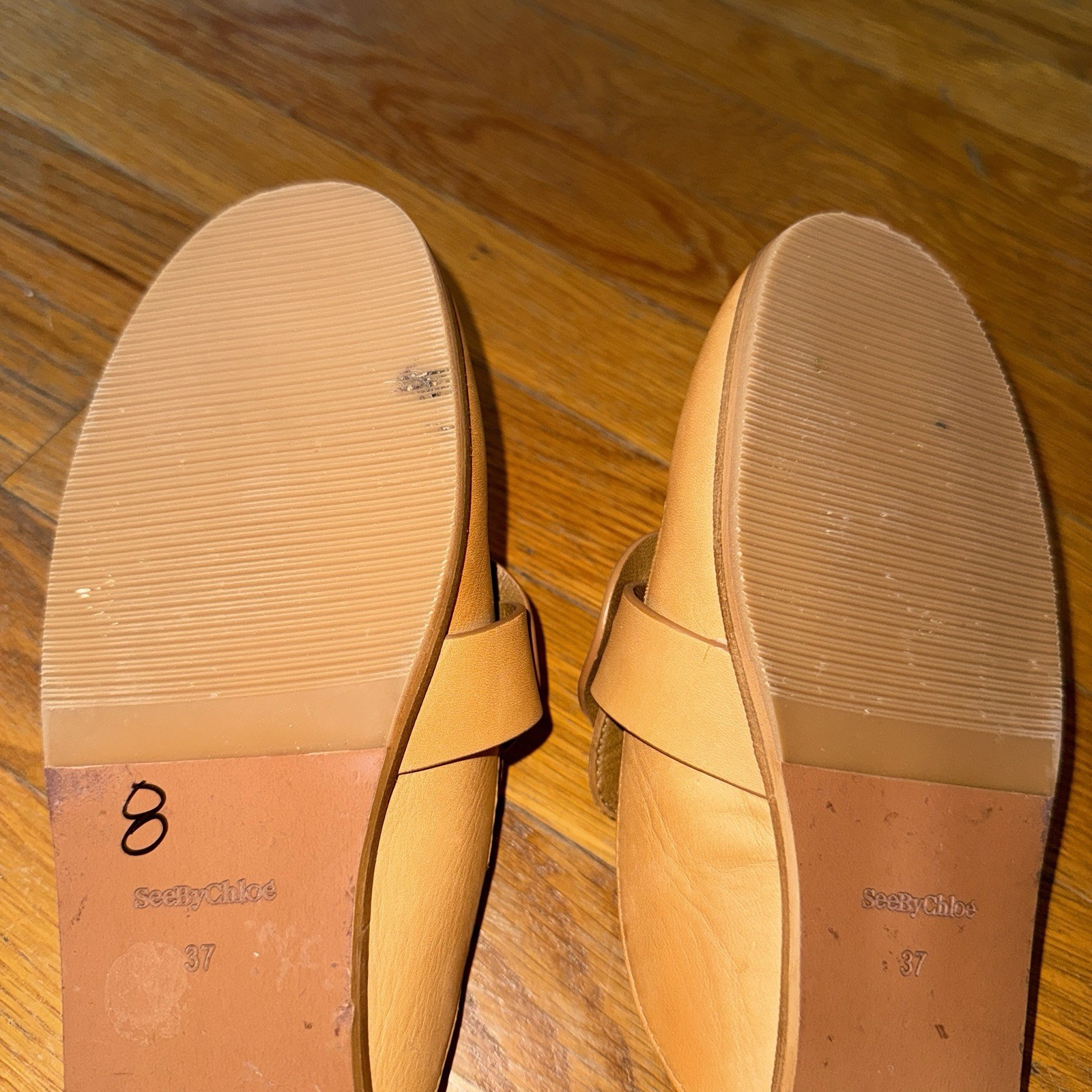 See By Chloe Shoes Womens Size 37 US 7 Chany Leather Mules Tan Slip Ons Calfskin