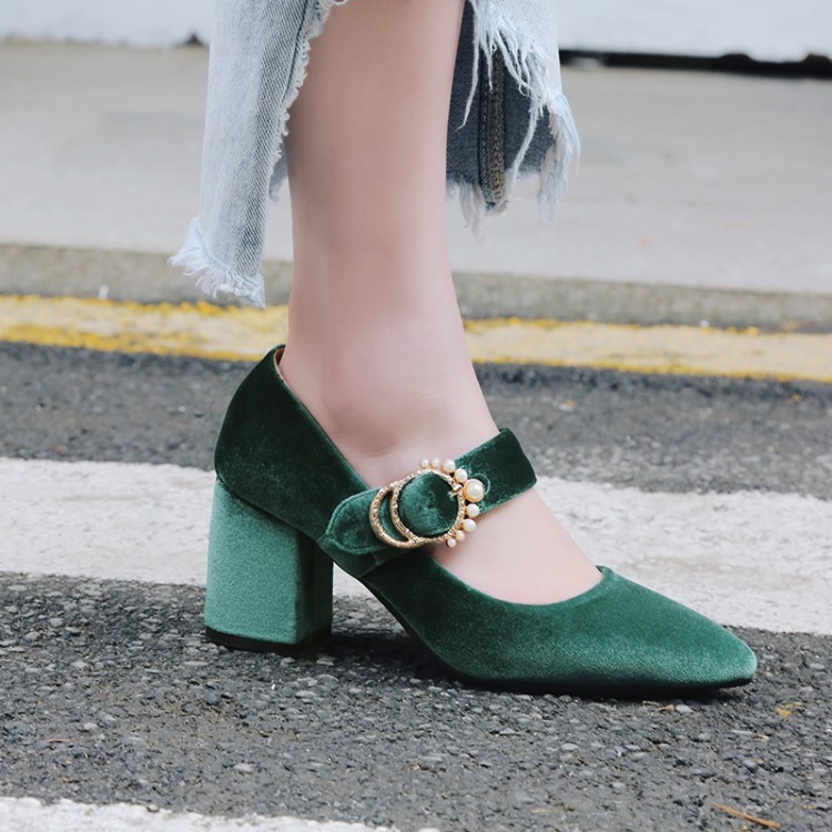 Retro Women’s Velvet Lolita Mary Janes Pointed Toe Block Heels Pump Formal Shoes