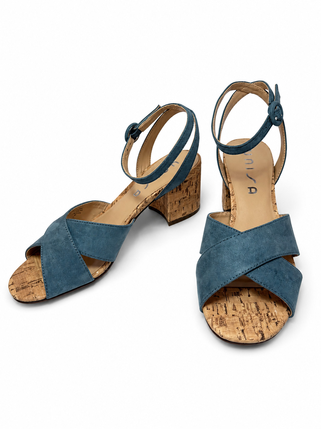 Unisa Womens Denim Ankle Strap Block Heels Open Toe Sandals – NEW