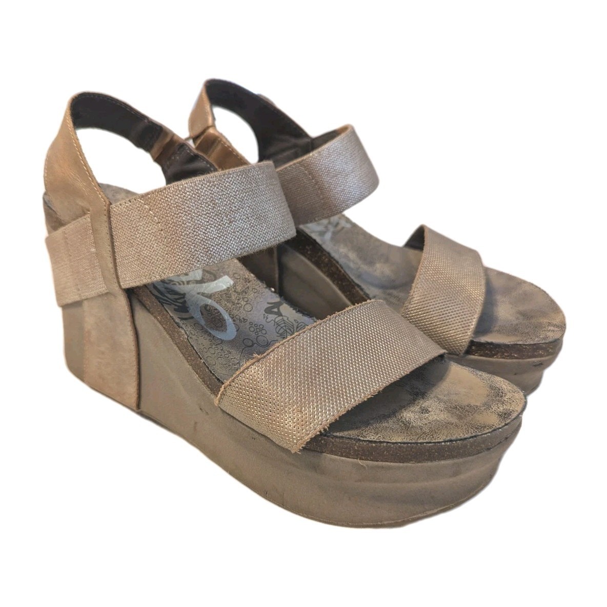 OTBT Women’s Bushnell Wedge Sandals Leather Platform Metallic Gold Beige Size 9M