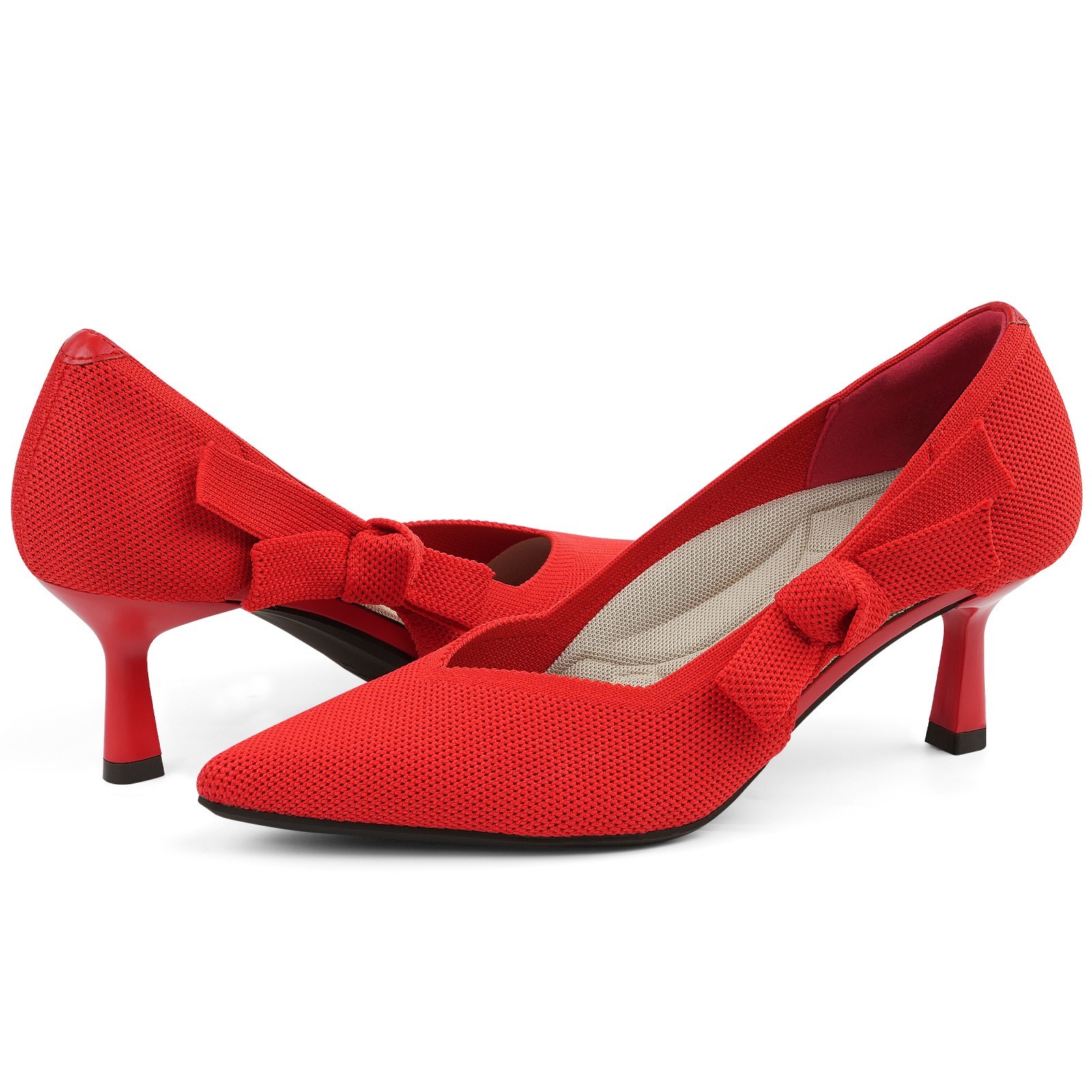 Knit Bow Kitten Heels 2.1″ Low Heel Pointed Toe Pumps Non-Slip Sole Dressy Shoes