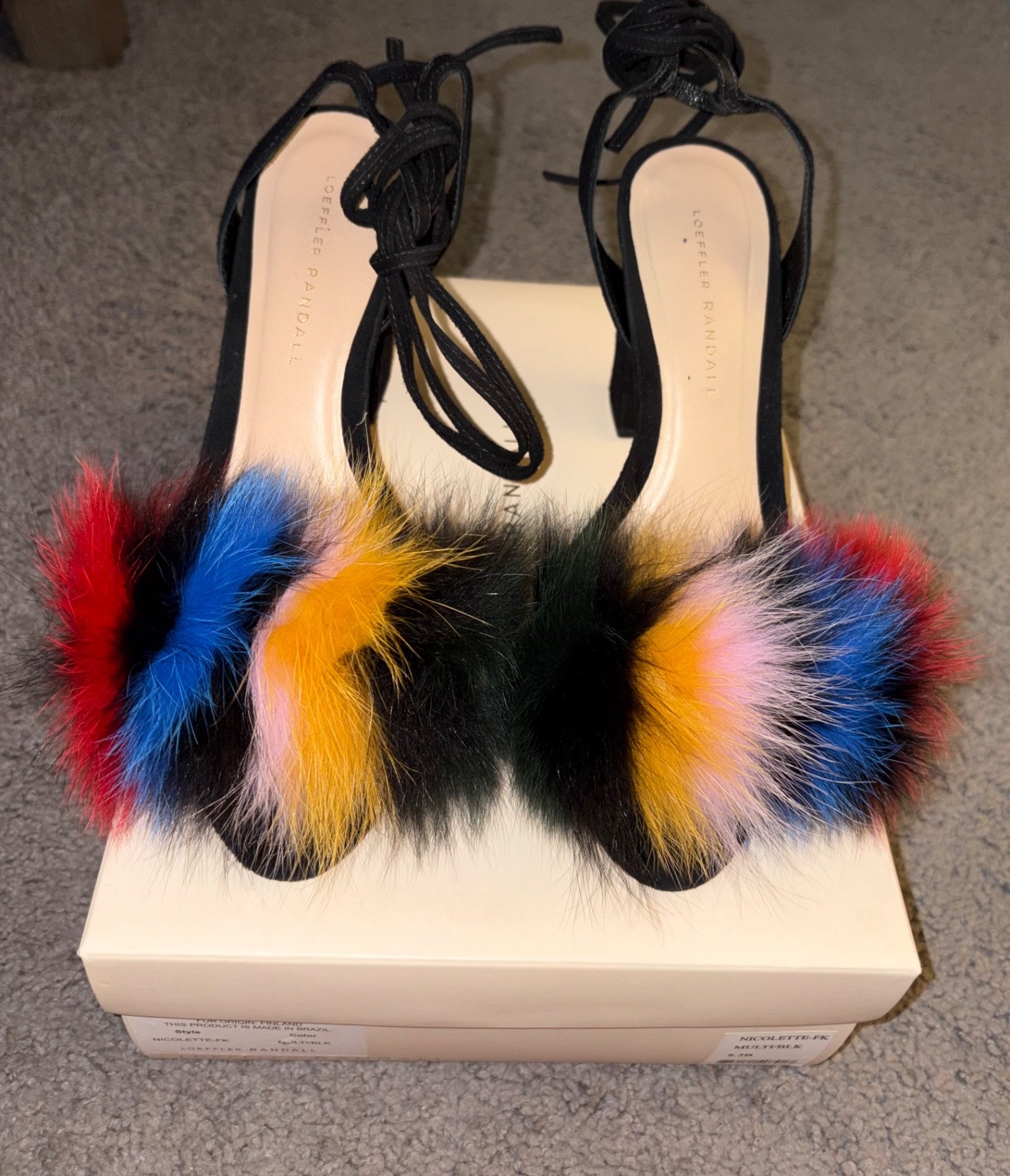 LOEFFLER RANDAL Nicolette Black Suede Fox Fur Multicolor Block Heel Sz 8.5 $495