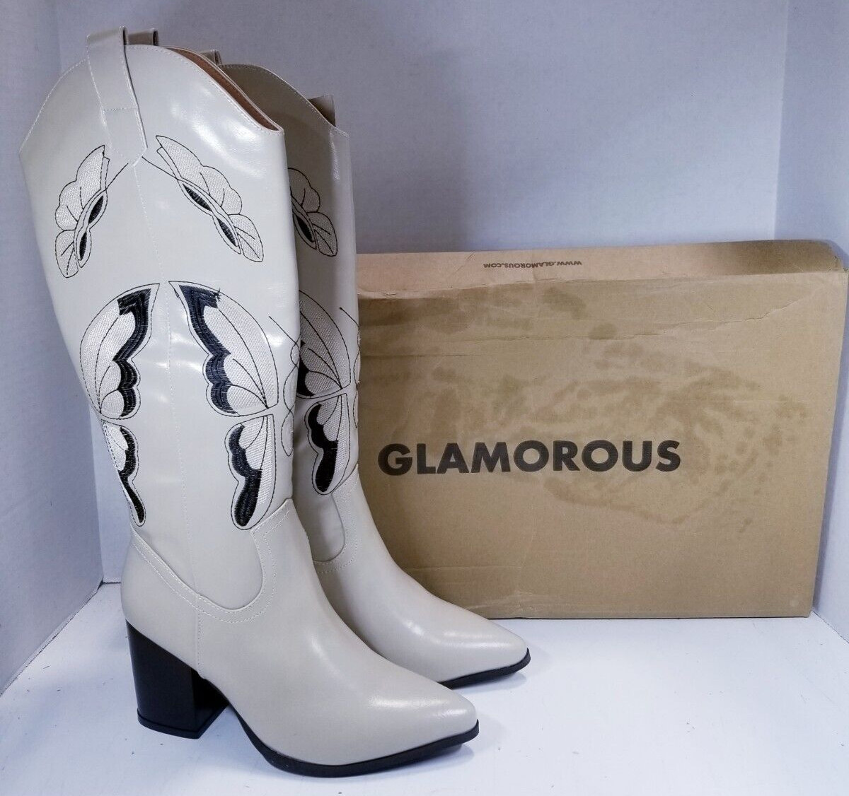 Glamorous Wide Fit Western Heeled Knee Boots in Cream Sz 5UK(7US)