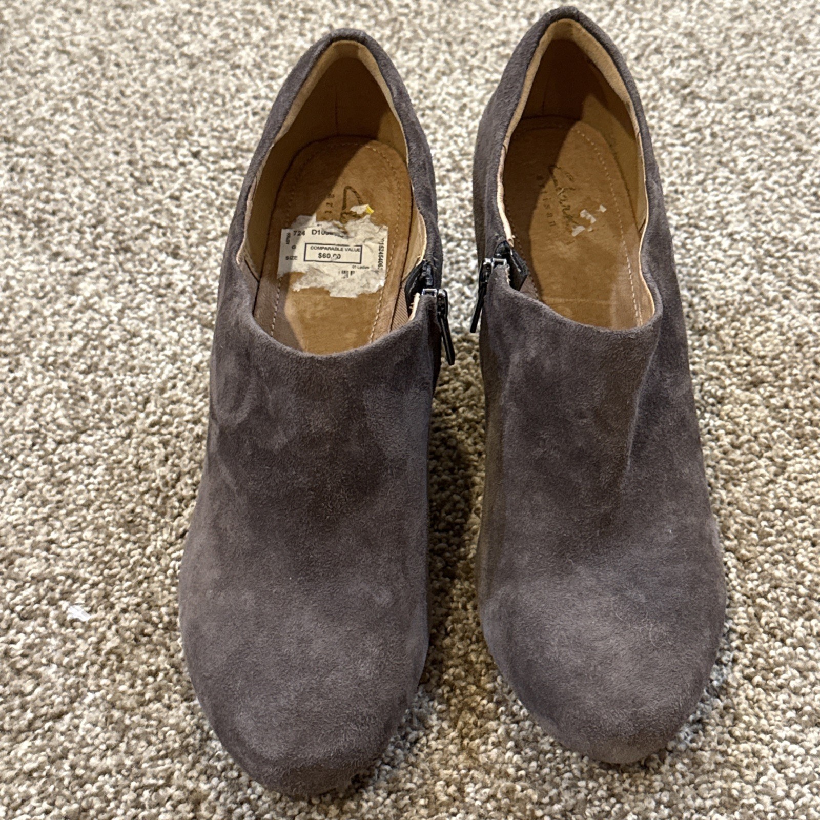Clarks Purity Frost Gray Suede Heeled Ankle Boots, Sz US 10 M,Never Worn Orig$60