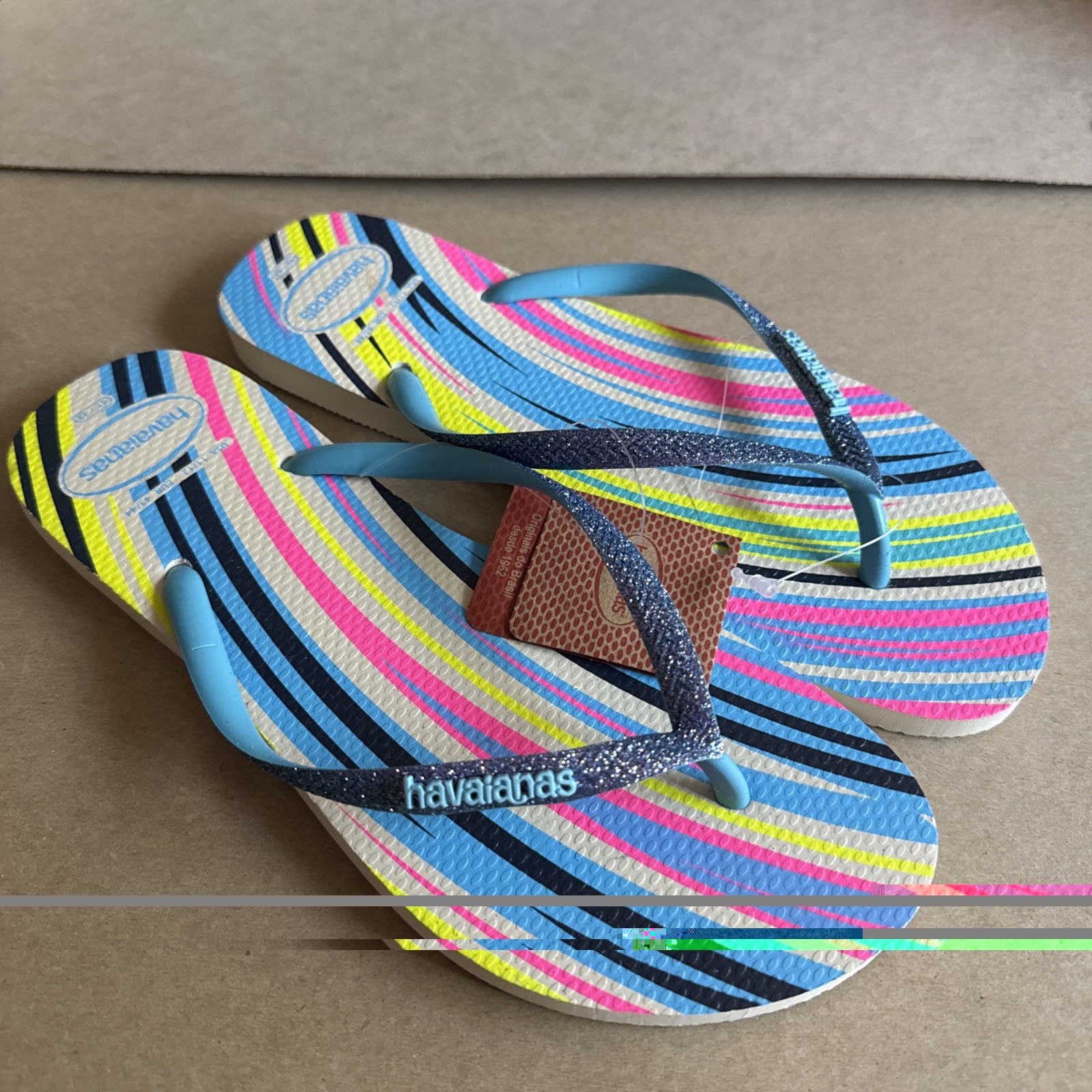 Havaianas Slim Multicolor Stripes Glittery Blue Straps Flip Flops EU 41/42 – New
