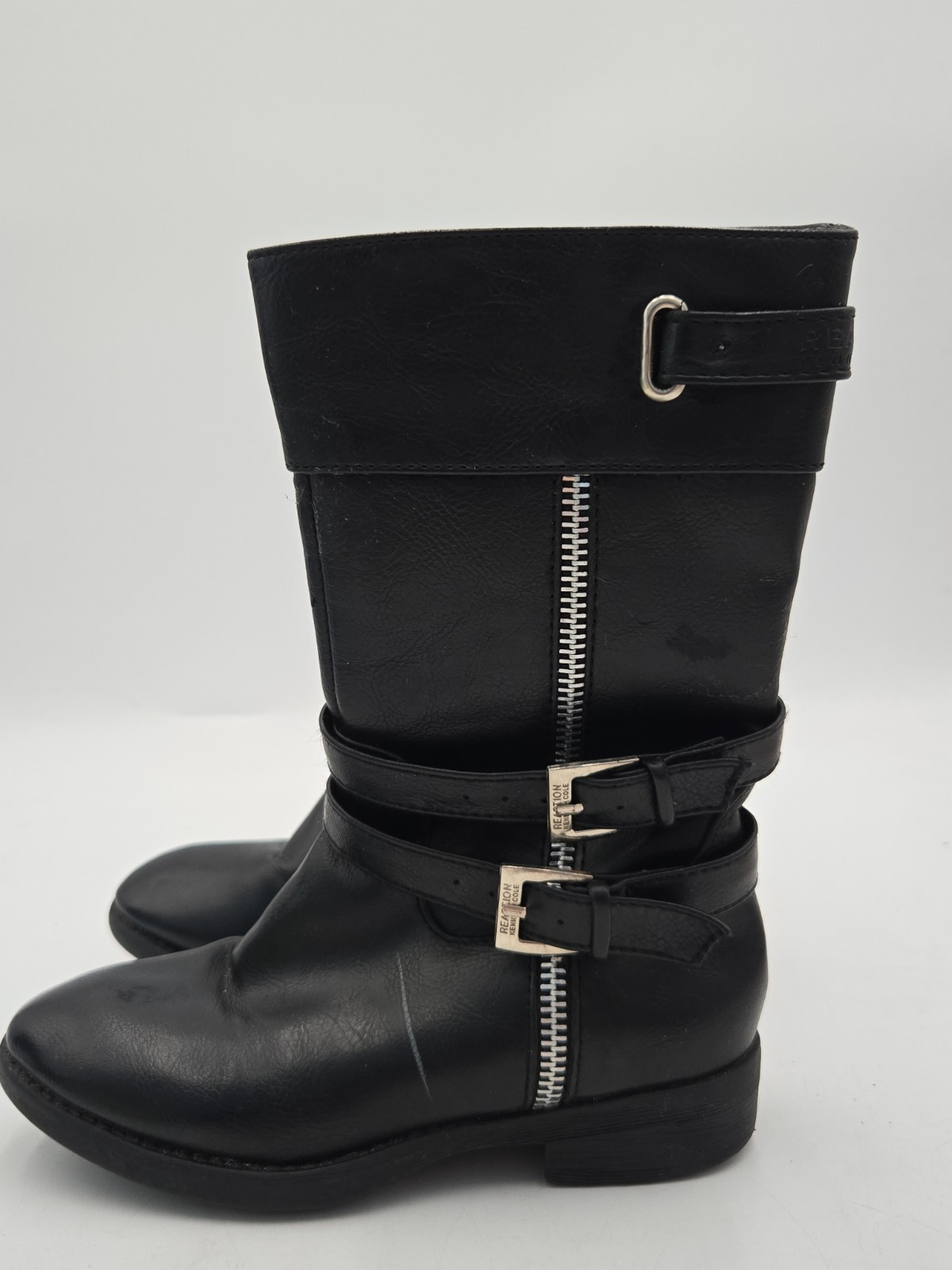 Kenneth Cole Reaction Women’s Size 11 Black Mid Calf Moto Boots Buckle Zip