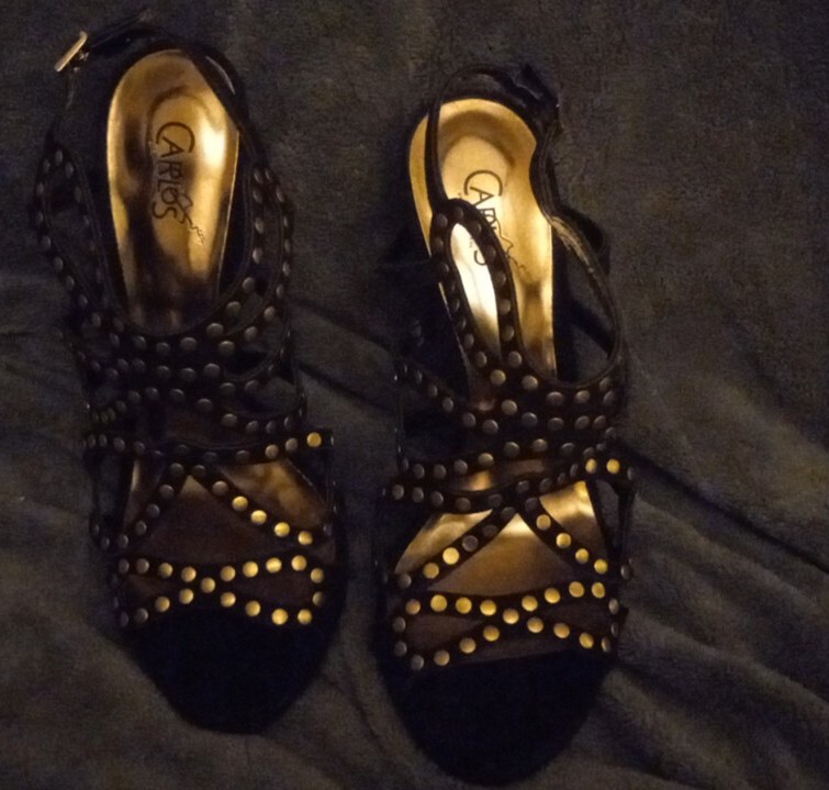 Carlos Santana Fairytale Black Swede Brass Rivet Womens heels 7.5