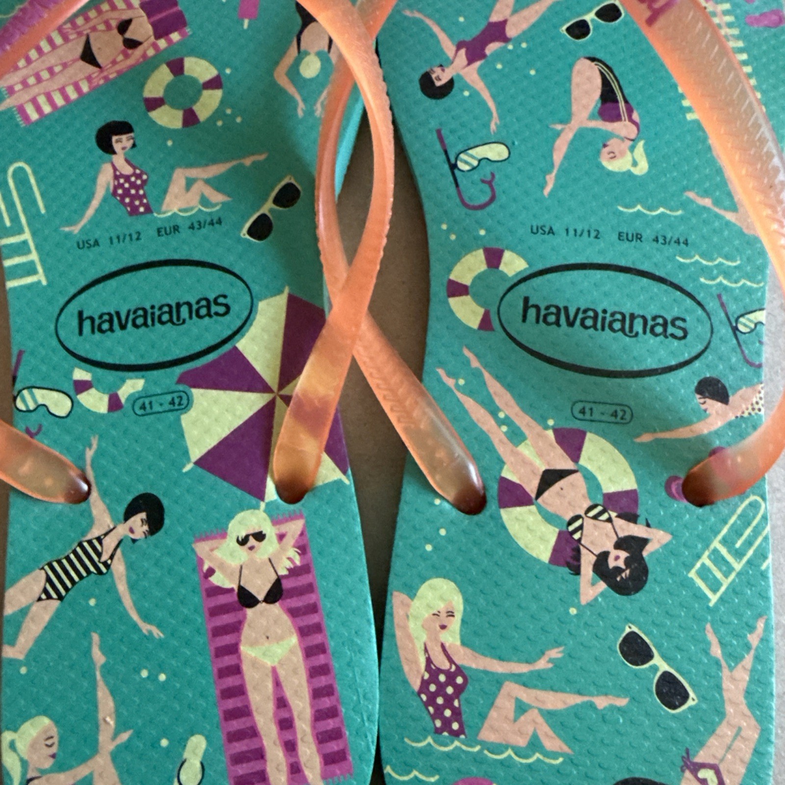 Havaianas Slim Green Pool Party Design with Orange Gel Straps 41/42 – New