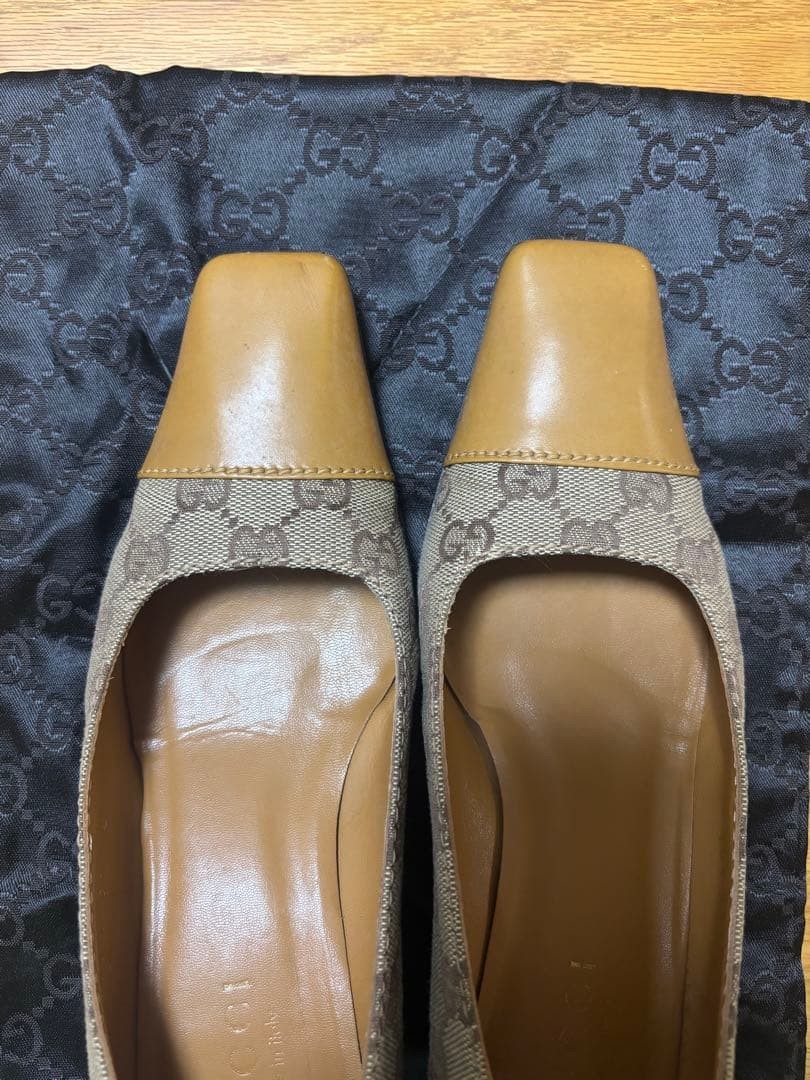 GUCCI Pumps 23cm Beige GG Canvas Leather Square Toe High Heels