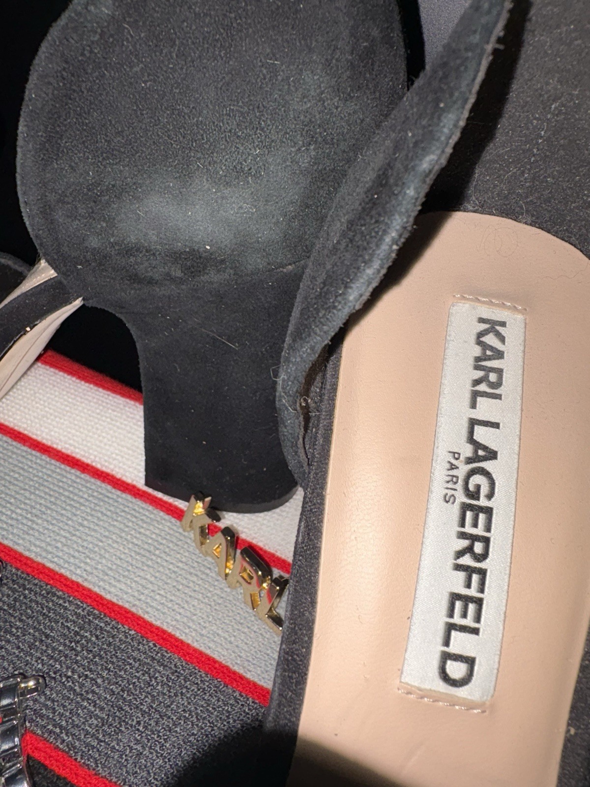 Karl Lagerfeld Paris Black Suede D’Orsay Open Toe Block Heel Logo Slip-On