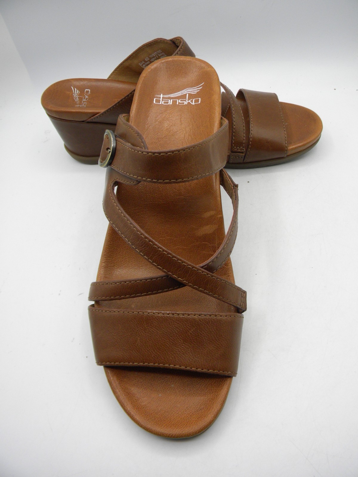 DANSKO Ana Brown Leather Wedge Heel Strappy Slide Sandals Size 40 Display