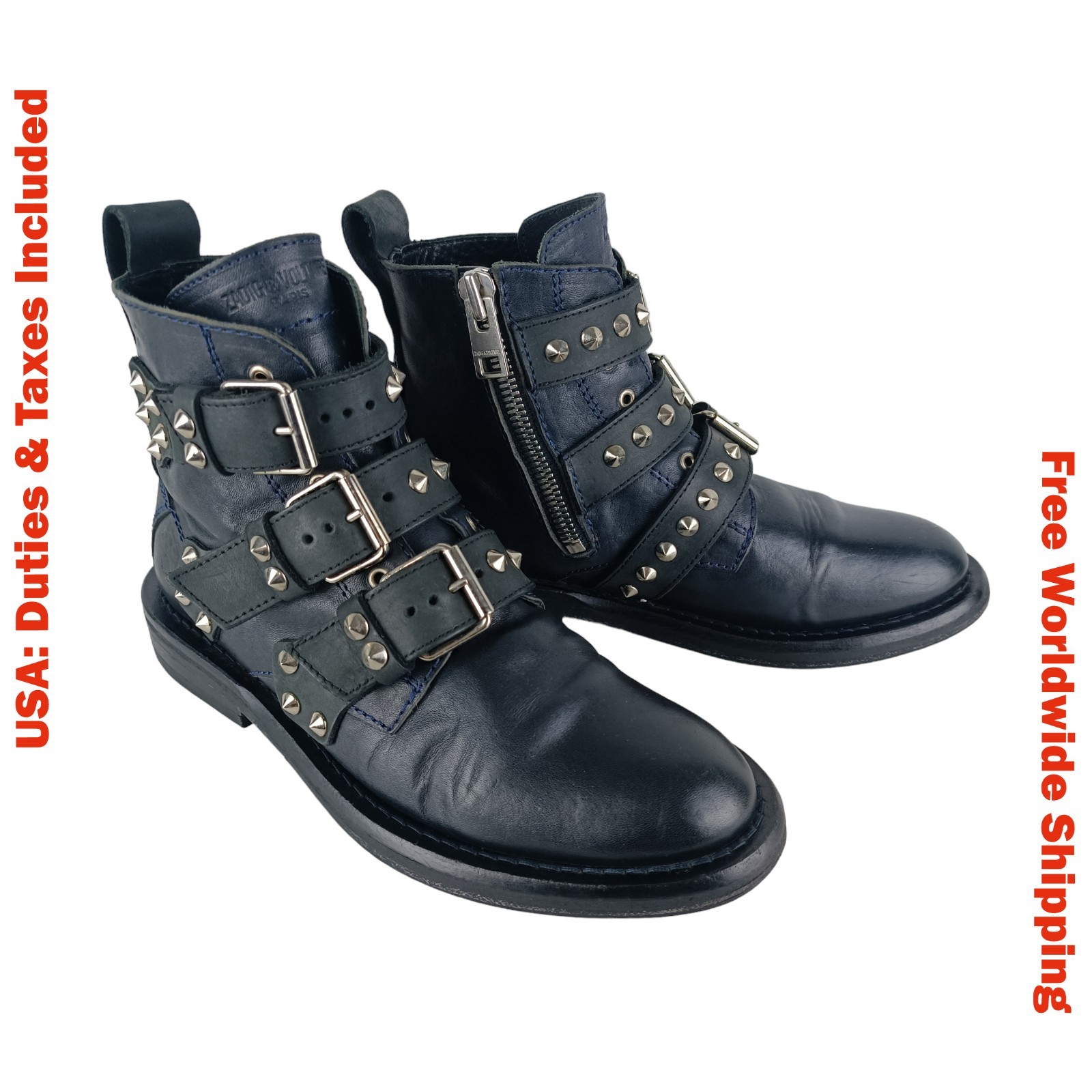 Zadig&Voltaire Womens Black Leather Studded Straps Ankle Boots Size EU 39