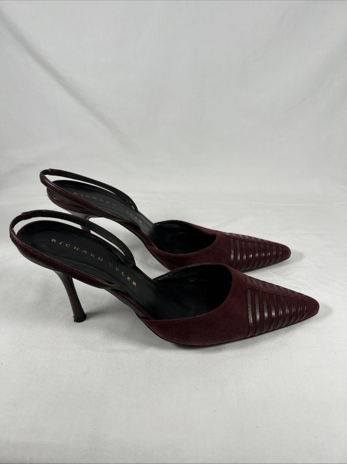 Richard Tyler Burgundy Suede Slingback Heels Pointed Toe Leather Pumps Luxury 8M
