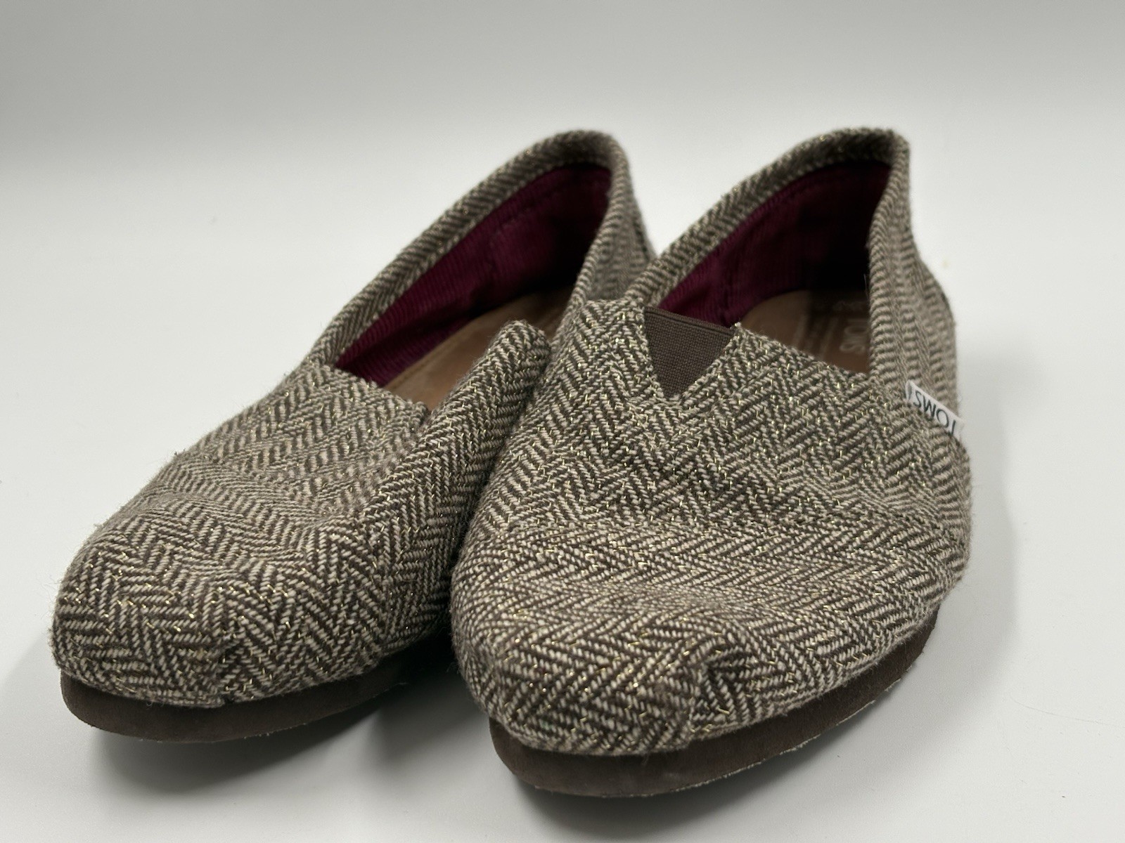 TOMS Brown Gilded Herringbone Tweed Metallic Gold Slip On Flats Women’s Size 9.5