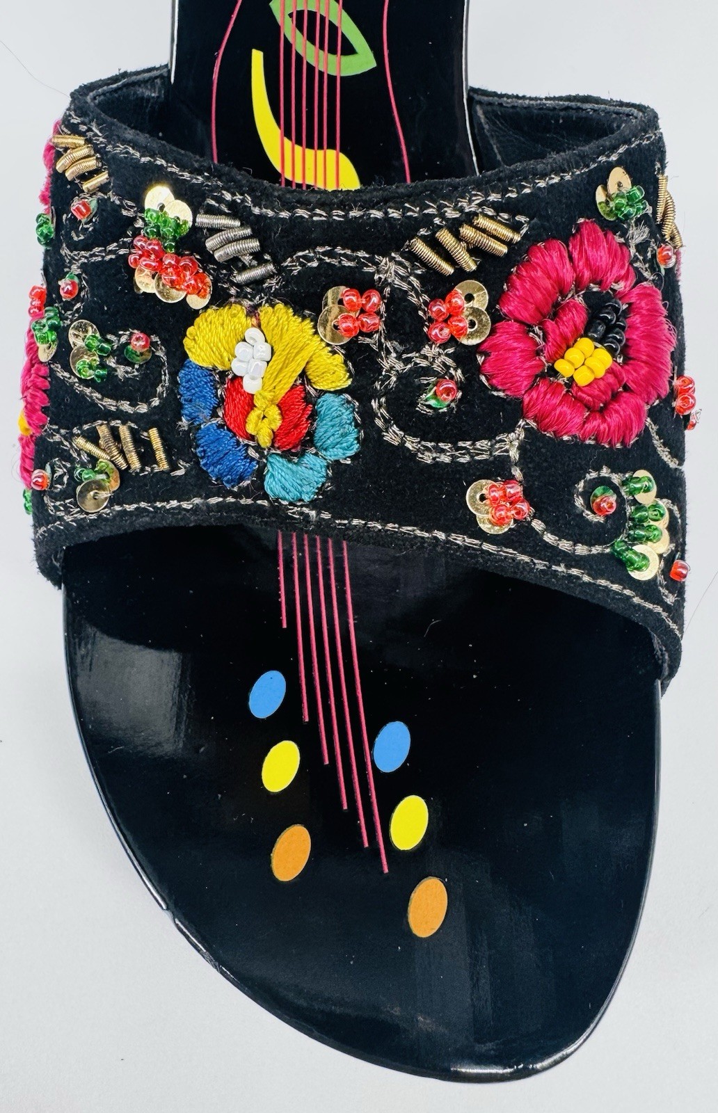 VTG Y2K Carlos by Carlos Santana Paradise Embellished Boho Suede Wedge Mules Sz9