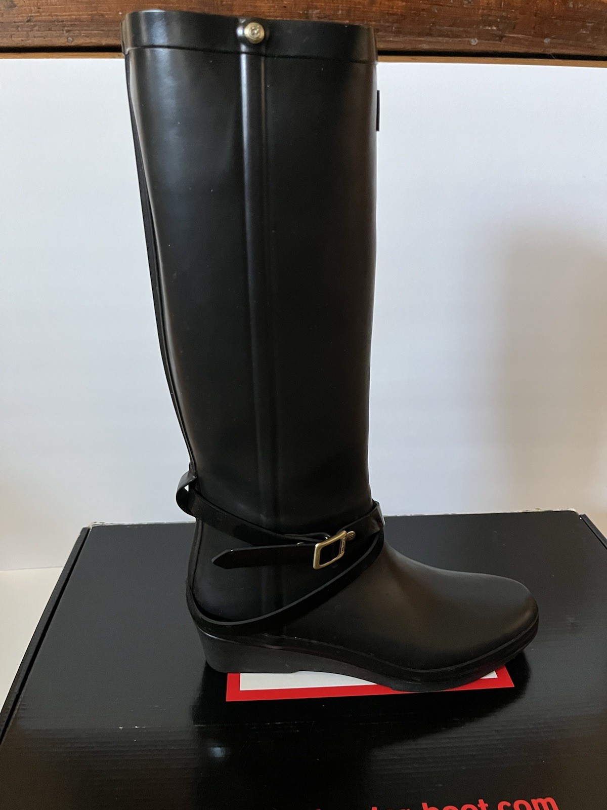 Hunter Andora Black Rain Boots Womens 7 Tall Wedge Heel Buckle Waterproof 23954