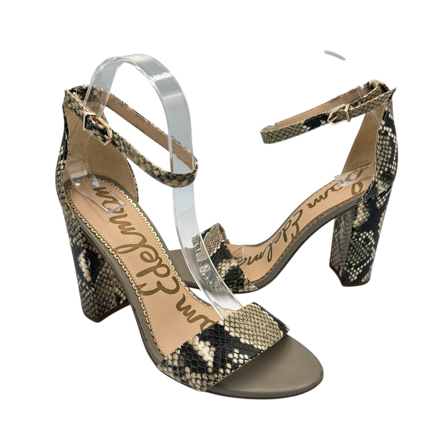 Sam Edelman 8M Yaro Taupe Snakeskin Python Leather Block Heel Ankle Strap Sandal